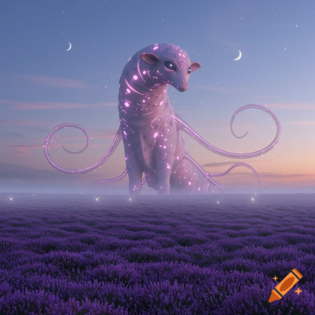 A giant glowing alien creature with tentacle-like limbs stands in a vast purple lavender field under a night sky with two crescent moons.