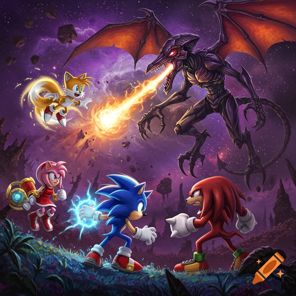Sonic, Tails, Amy, and Knuckles confront Ridley who is breathing fire in a vibrant purple cosmic landscape with floating rocks.