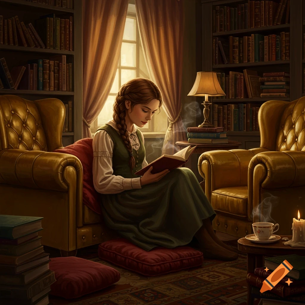 A girl with a braid sits in a cozy room full of books, reading by lamplight in an illustrated style.