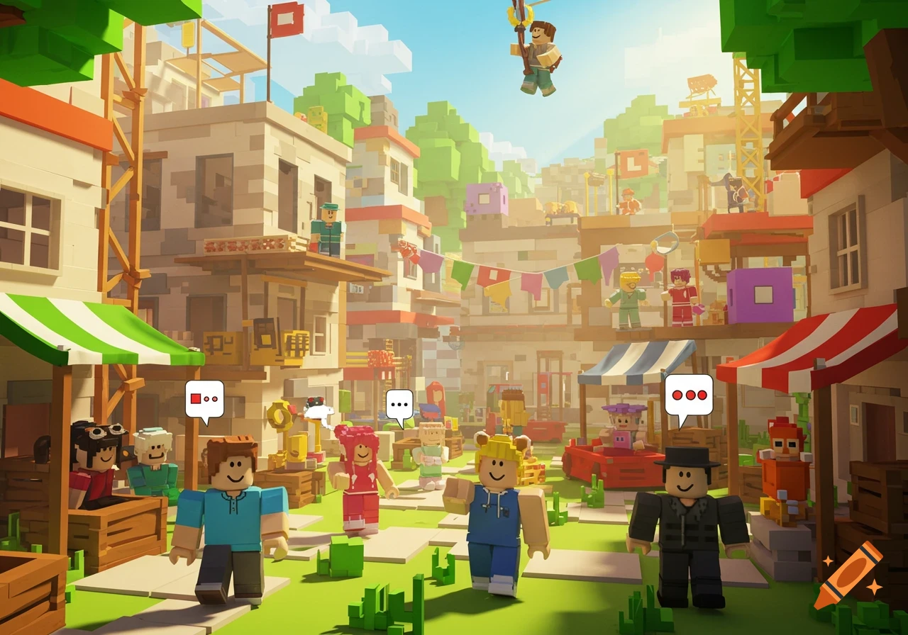 A vibrant, blocky cityscape with numerous cartoon-like characters in a style reminiscent of Roblox. People are walking around, some with speech bubbles above their heads.