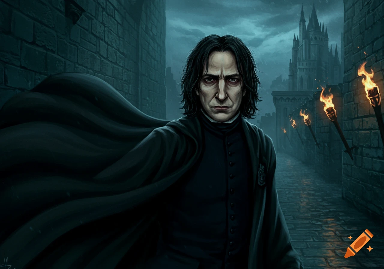 Illustrated portrait of Severus Snape with a sour expression, in a dark alley with torches and a castle.