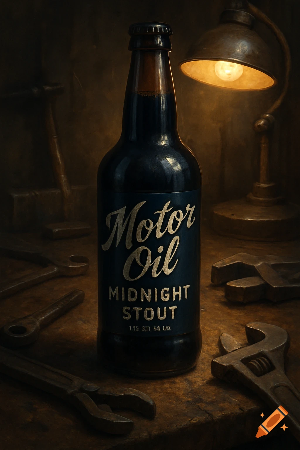 A bottle of 'Motor Oil Midnight Stout' beer on a wooden surface with wrenches and a desk lamp, in a dark, photorealistic style.