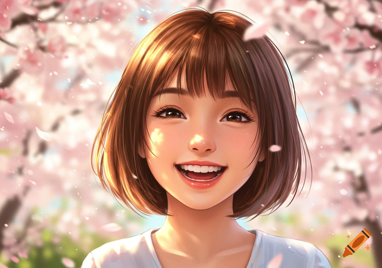 A smiling girl with short brown hair and bangs under blooming pink cherry blossoms, in an anime illustration style.