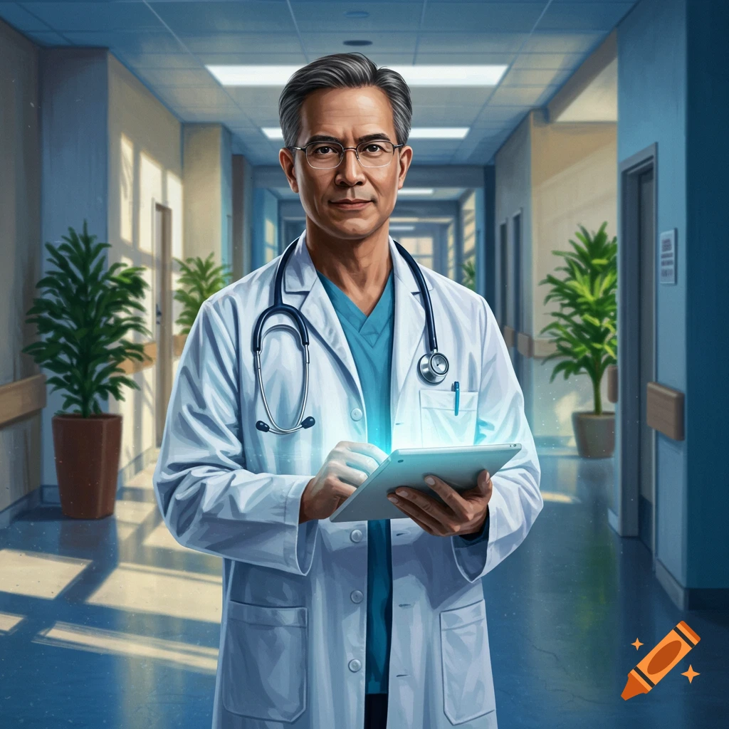 A male doctor in a white lab coat and stethoscope holds a glowing tablet in a hospital hallway. Digital art style.