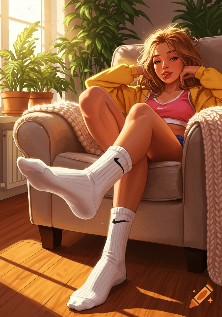 A relaxed young woman with blonde hair sits in an armchair in a sunny room with potted plants, wearing a yellow jacket, pink top, and Nike socks, in an anime style.