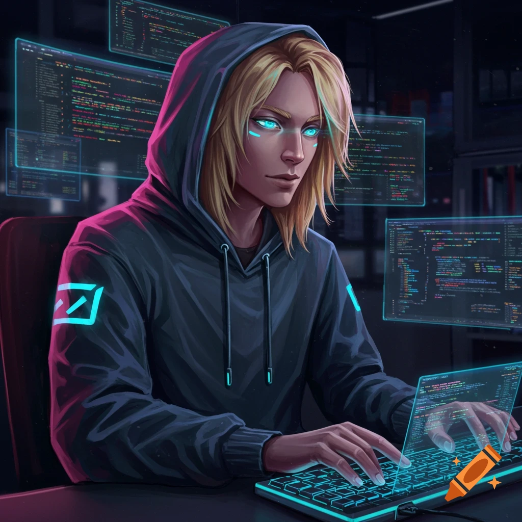 Blonde person with glowing blue eyes and a dark hoodie typing on a glowing keyboard with holographic code screens in a dark room.