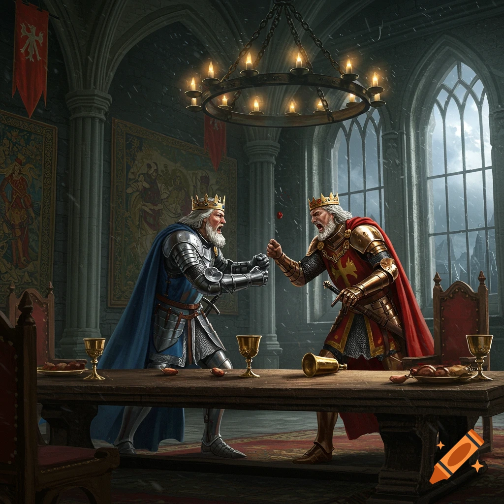 Two angry kings in armor and crowns fight loudly inside a grand castle hall with tall windows and a large chandelier.