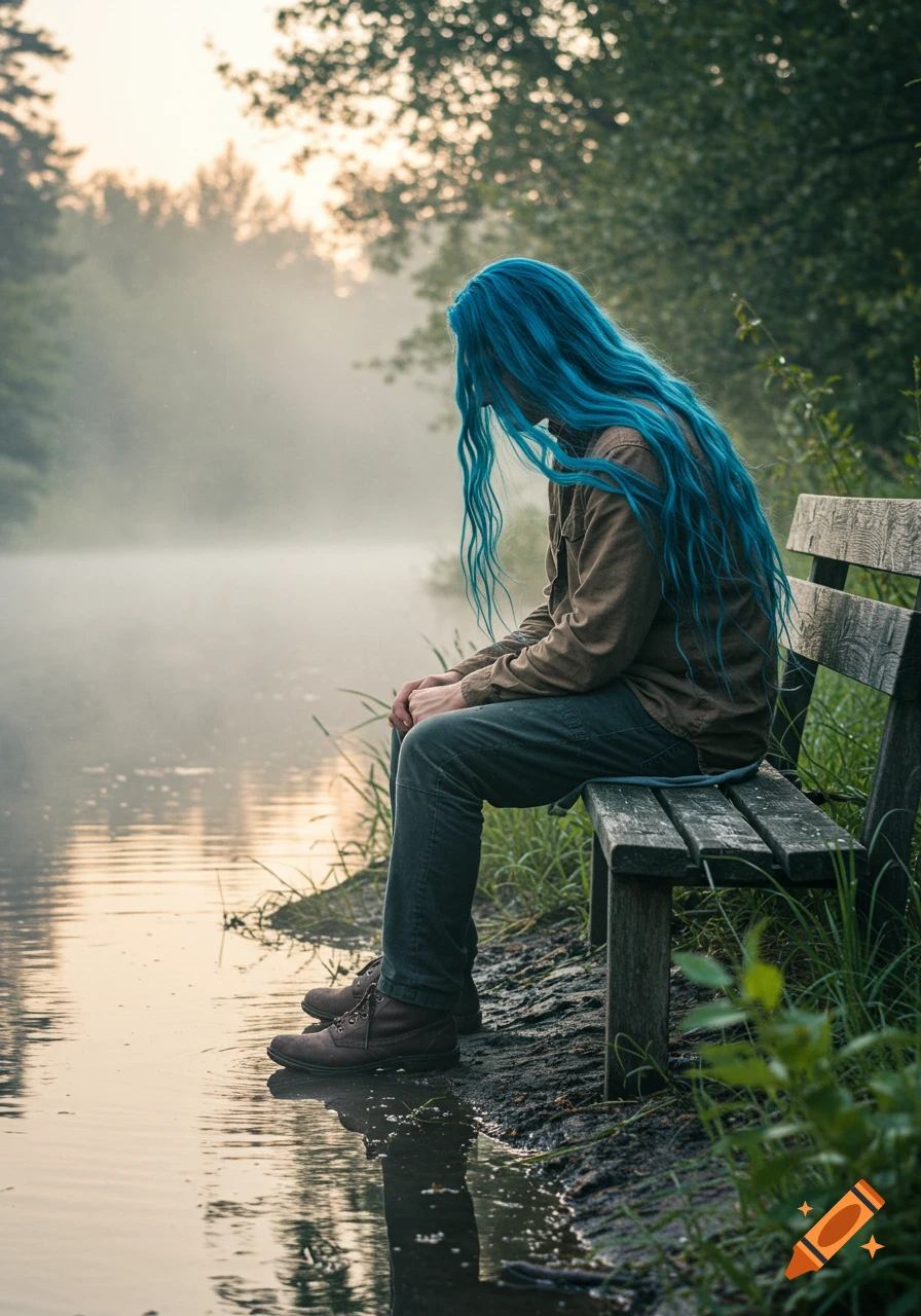 A person with long blue hair sits on a wooden bench beside a misty river, surrounded by trees at sunrise.