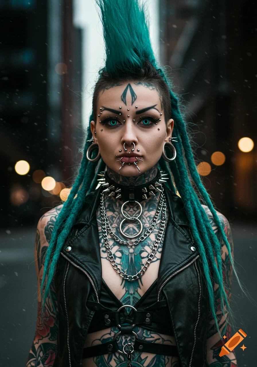 A photorealistic portrait of a woman with teal mohawk dreadlocks, numerous face piercings, and extensive tattoos, wearing a leather jacket, spiked choker, and chains, looking directly at the viewer.