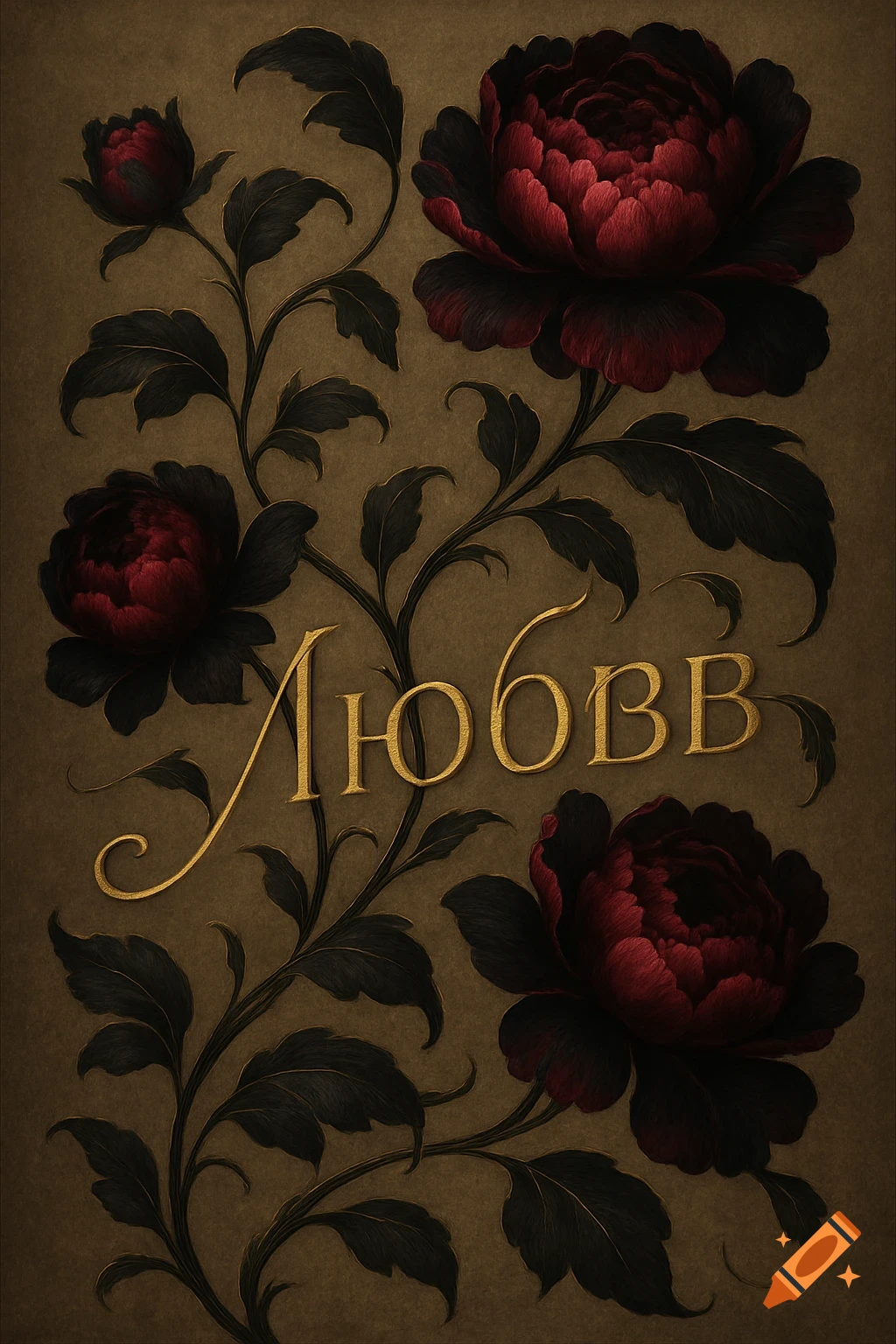 Elegant illustration of dark red peonies and black vines on a textured brown background, with the gold Russian word 'Любовь' (Love) in the center.