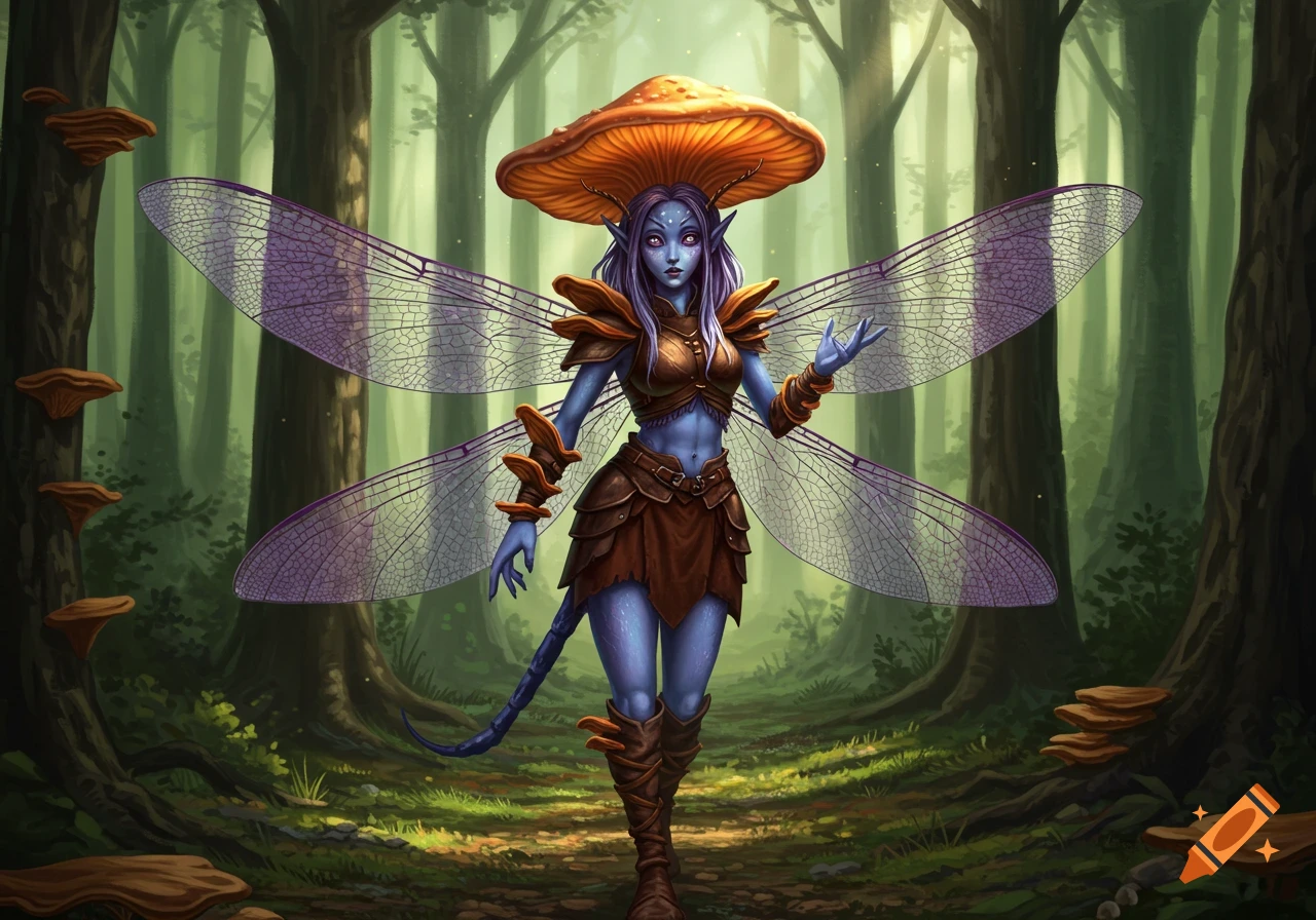 Blue-skinned fairy with purple dragonfly wings, mushroom hat, and leather armor stands in a sunlit enchanted forest, digital art.