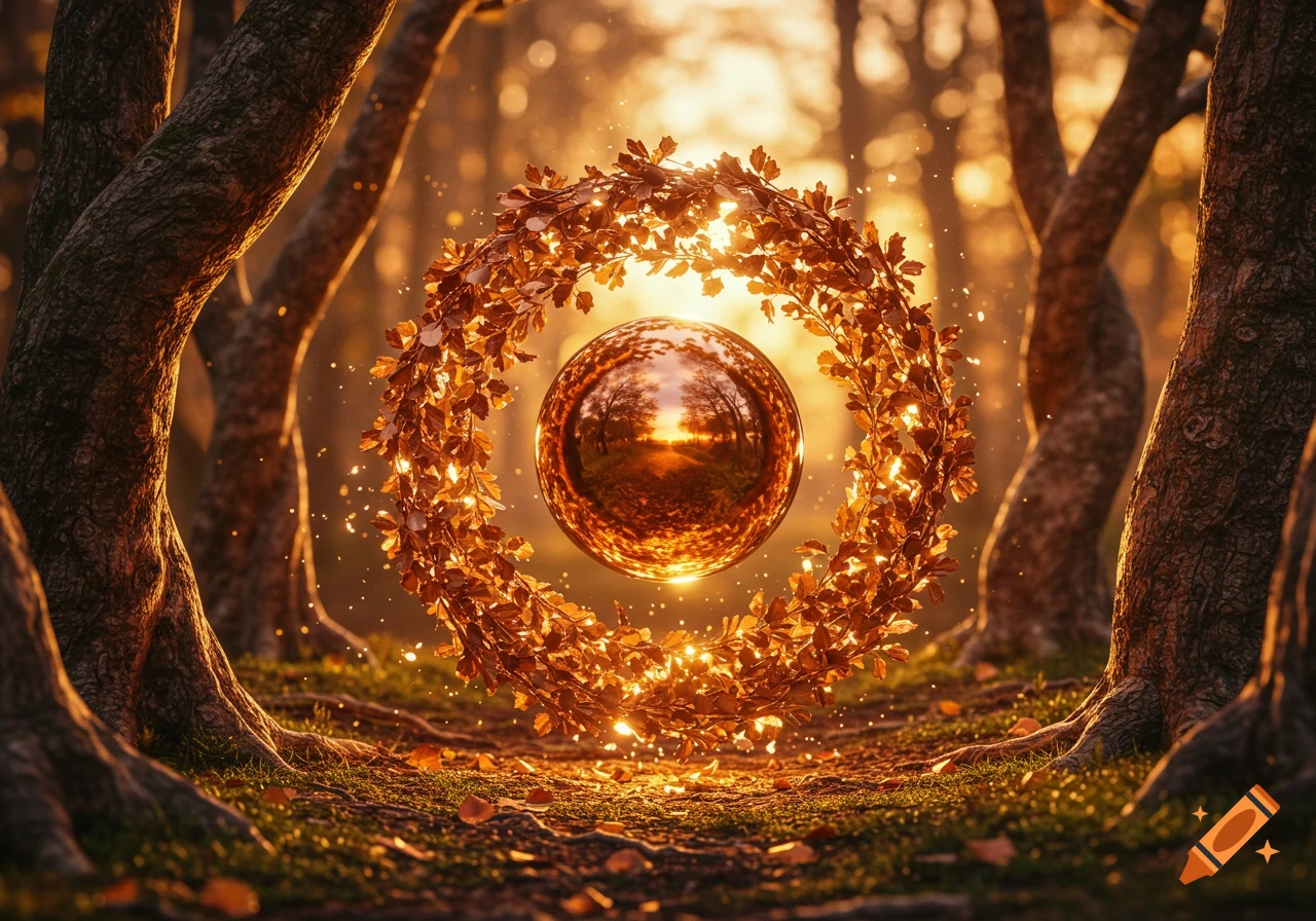 A glowing golden sphere encircled by a wreath of autumn leaves, floating in a mystical, sunlit forest.