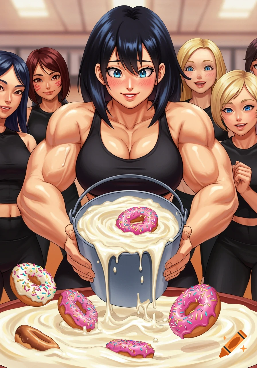 Anime illustration of a muscular woman holding a bucket of cream with donuts, surrounded by other women, with more cream and donuts on a large tray.