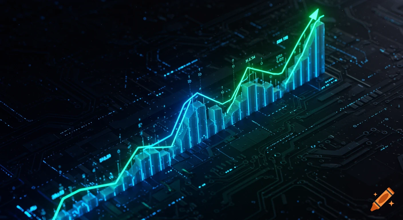 Glow-in-the-dark digital bar chart with a green rising line graph set against a circuit board background, depicting growth.