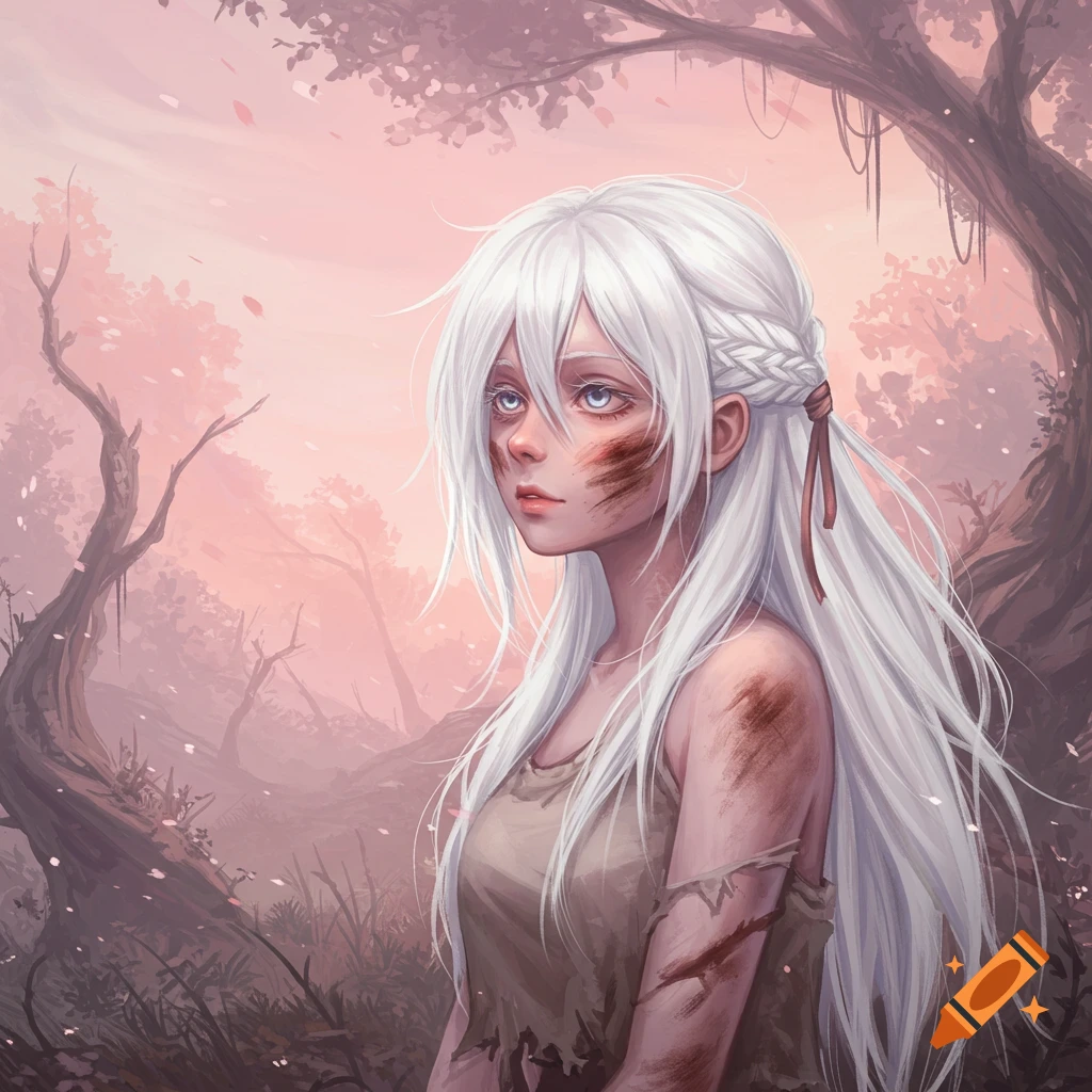 White-haired anime girl with dirt on her face and arm, wearing a tattered dress, standing in a pale pink forest.