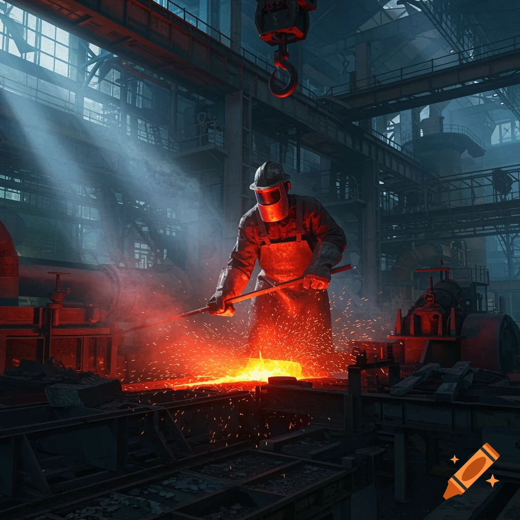 A worker in a foundry uses a tool to shape molten metal, casting bright orange sparks in a dark industrial factory.