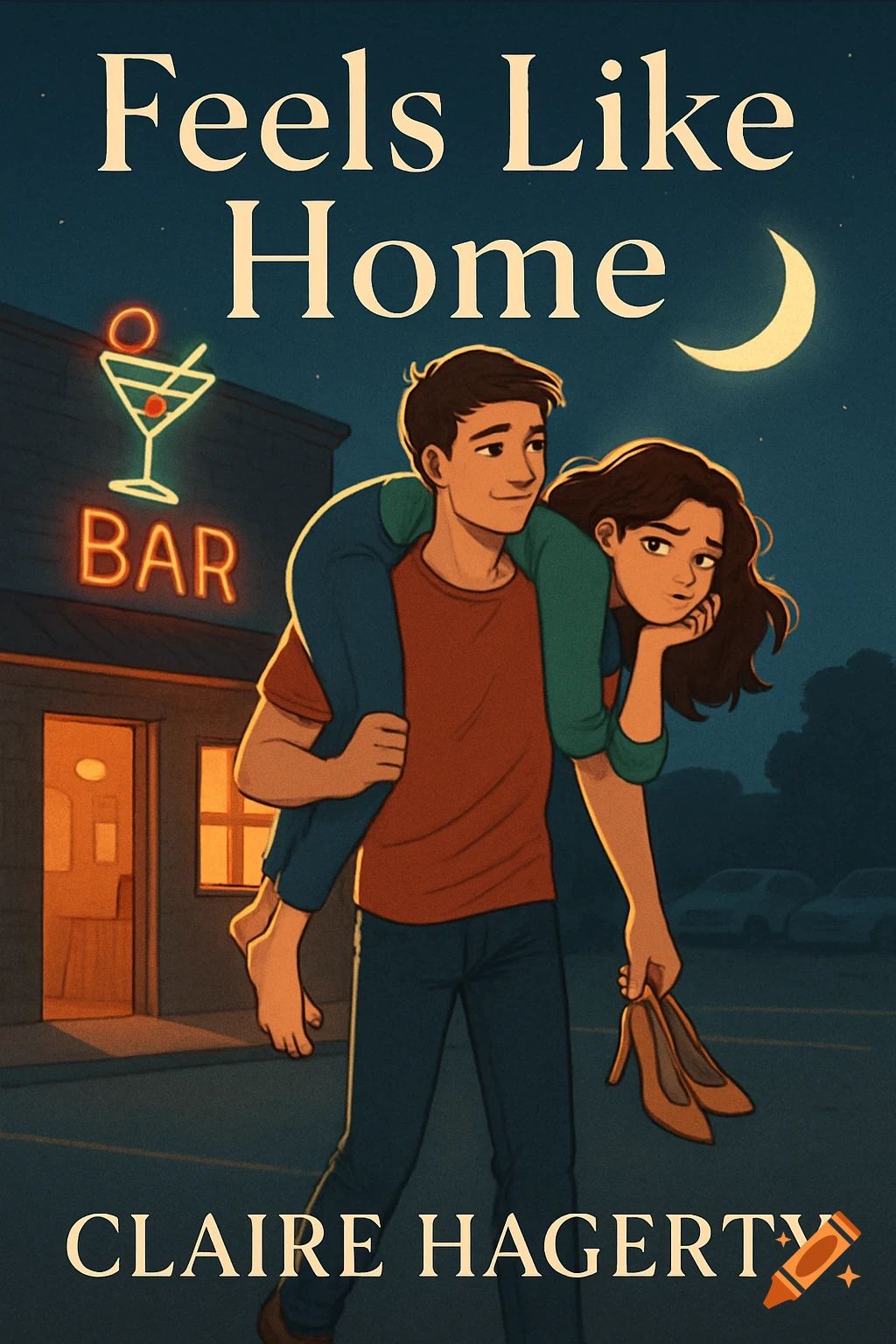 A young man carries a young woman over his shoulder past a neon bar sign at night under a crescent moon. Book cover art.