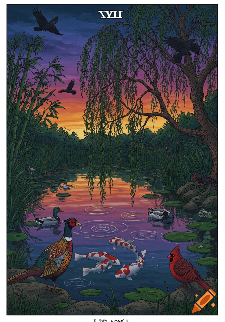 A vibrant illustrated pond scene with a pheasant, ducks, koi fish, a cardinal, and crows at sunset, in the style of a tarot card with Roman numeral XVII at the top.