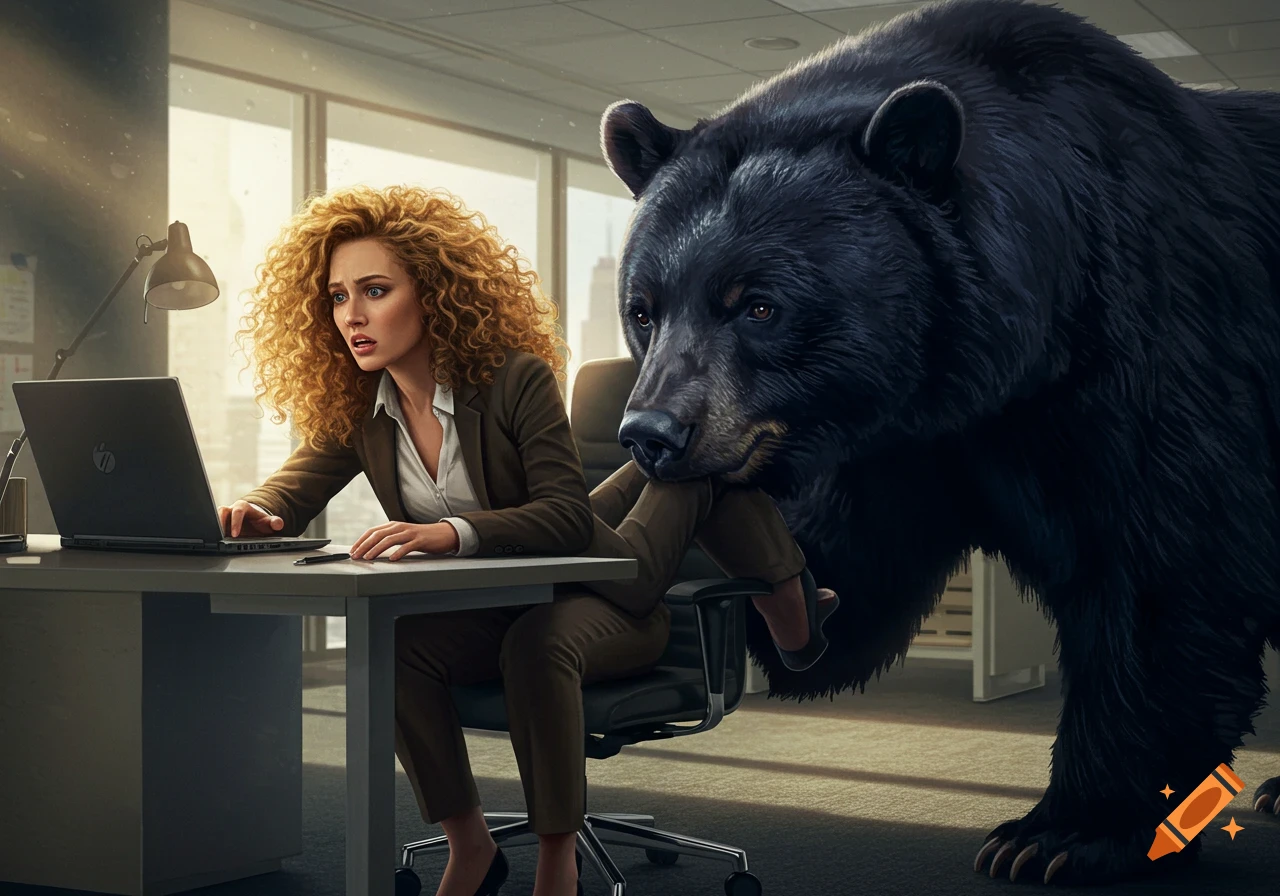 A woman with curly hair works on a laptop at a desk in an office while a large black bear bites her leg.