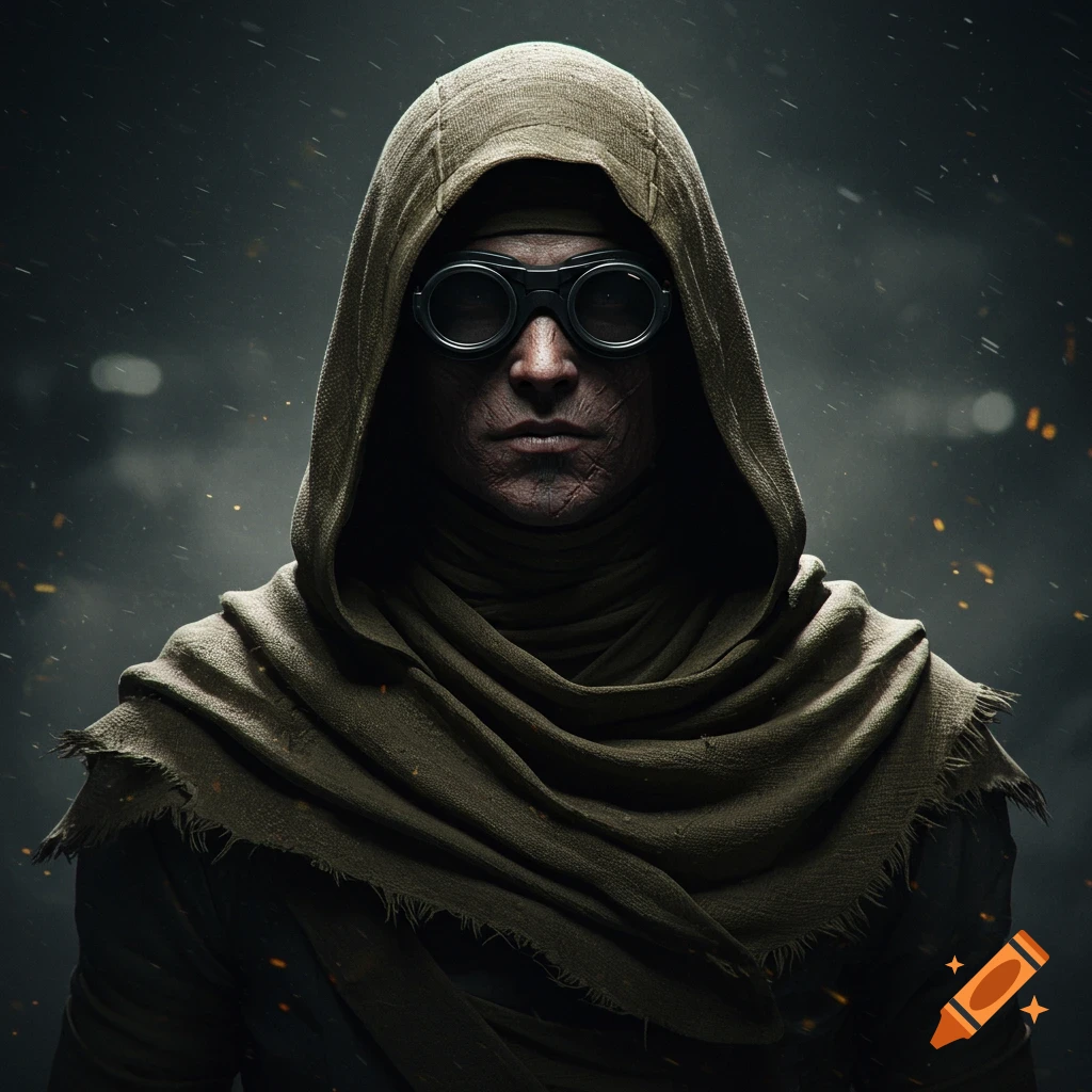A person wearing a hooded cloak and dark goggles, with visible face scarring, stands in a gritty, dark environment.
