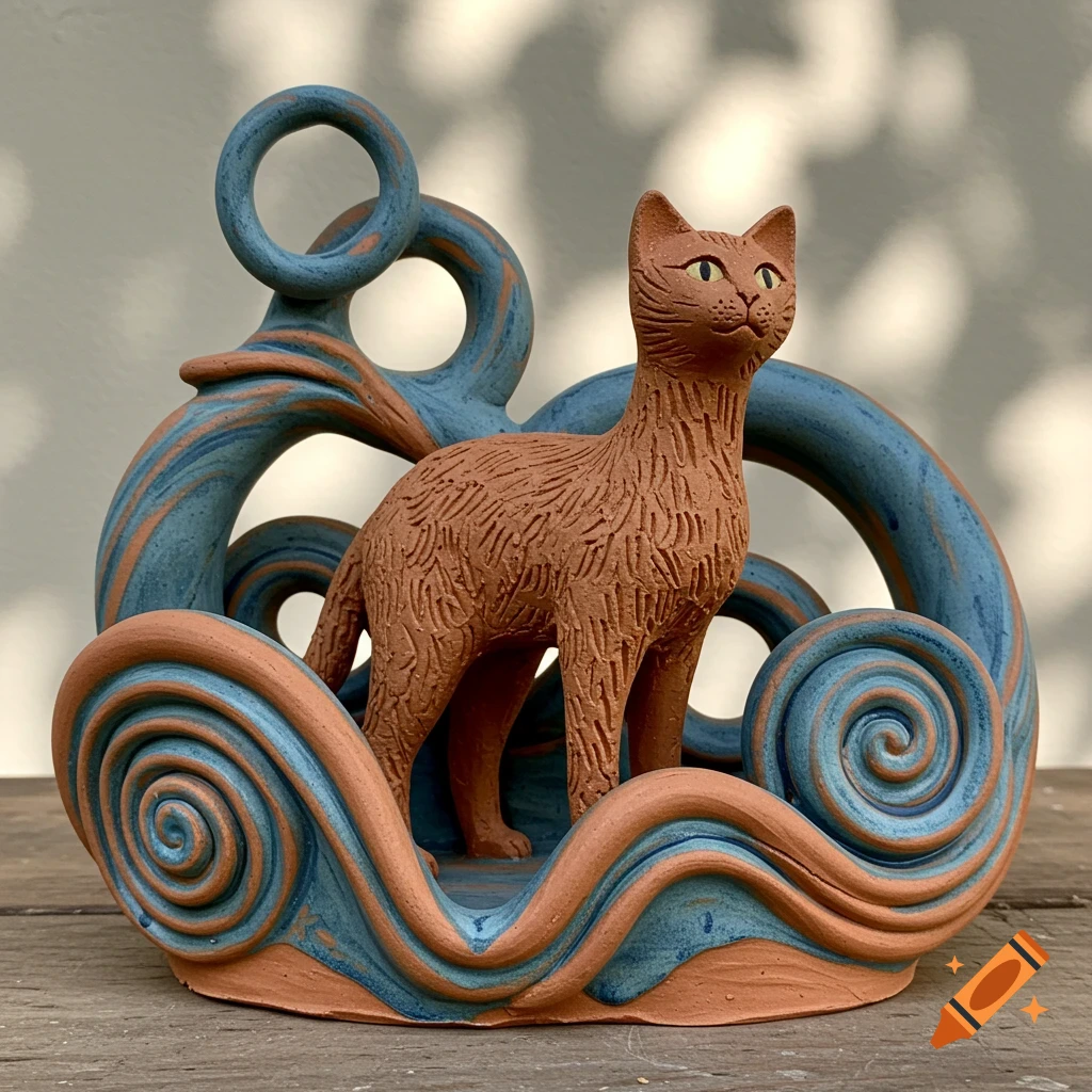 A terracotta-colored cat sculpture with embossed fur stands amidst blue and brown stylized ceramic waves and swirls.