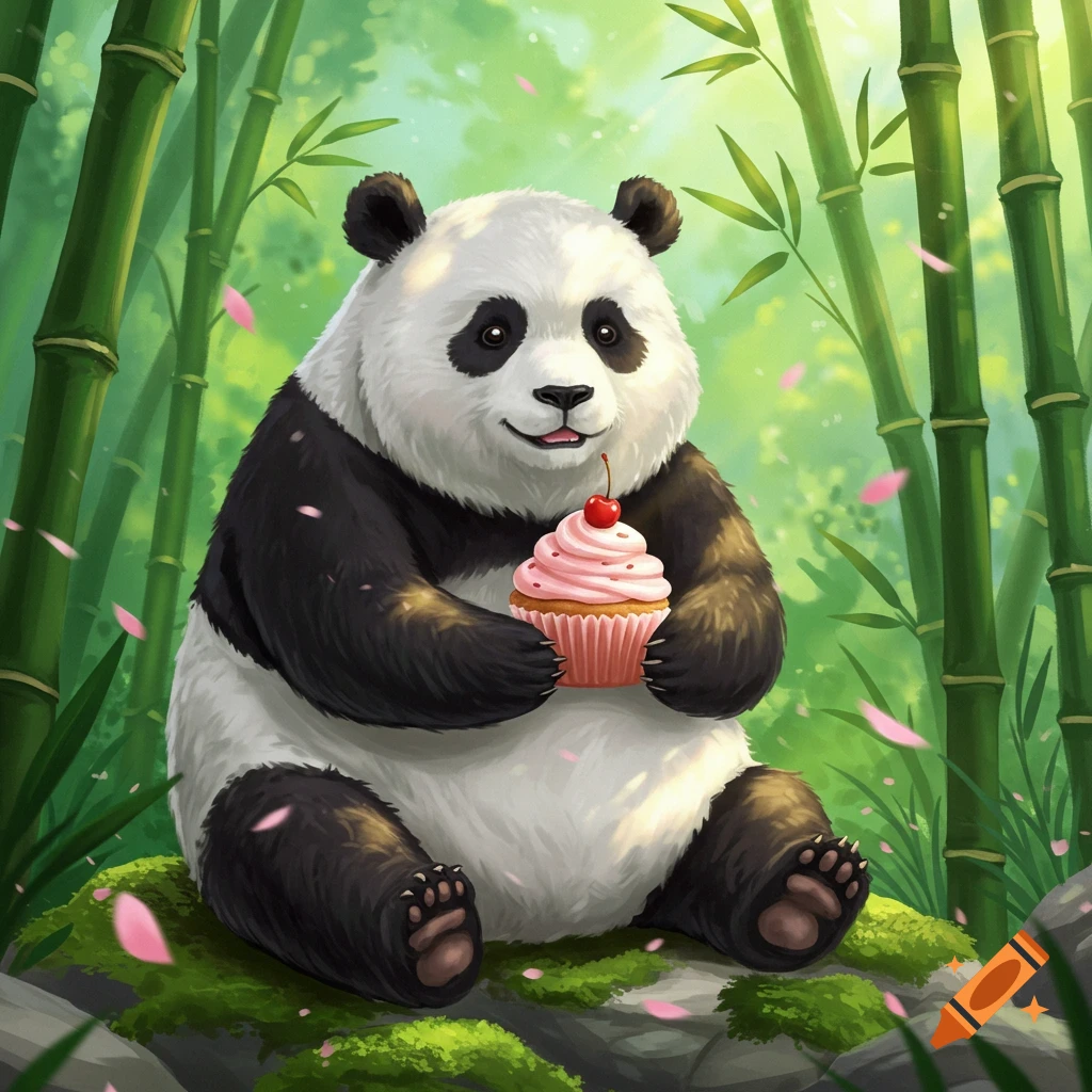A cute cartoon panda sitting in a bamboo forest holding a pink cupcake with a cherry on top.