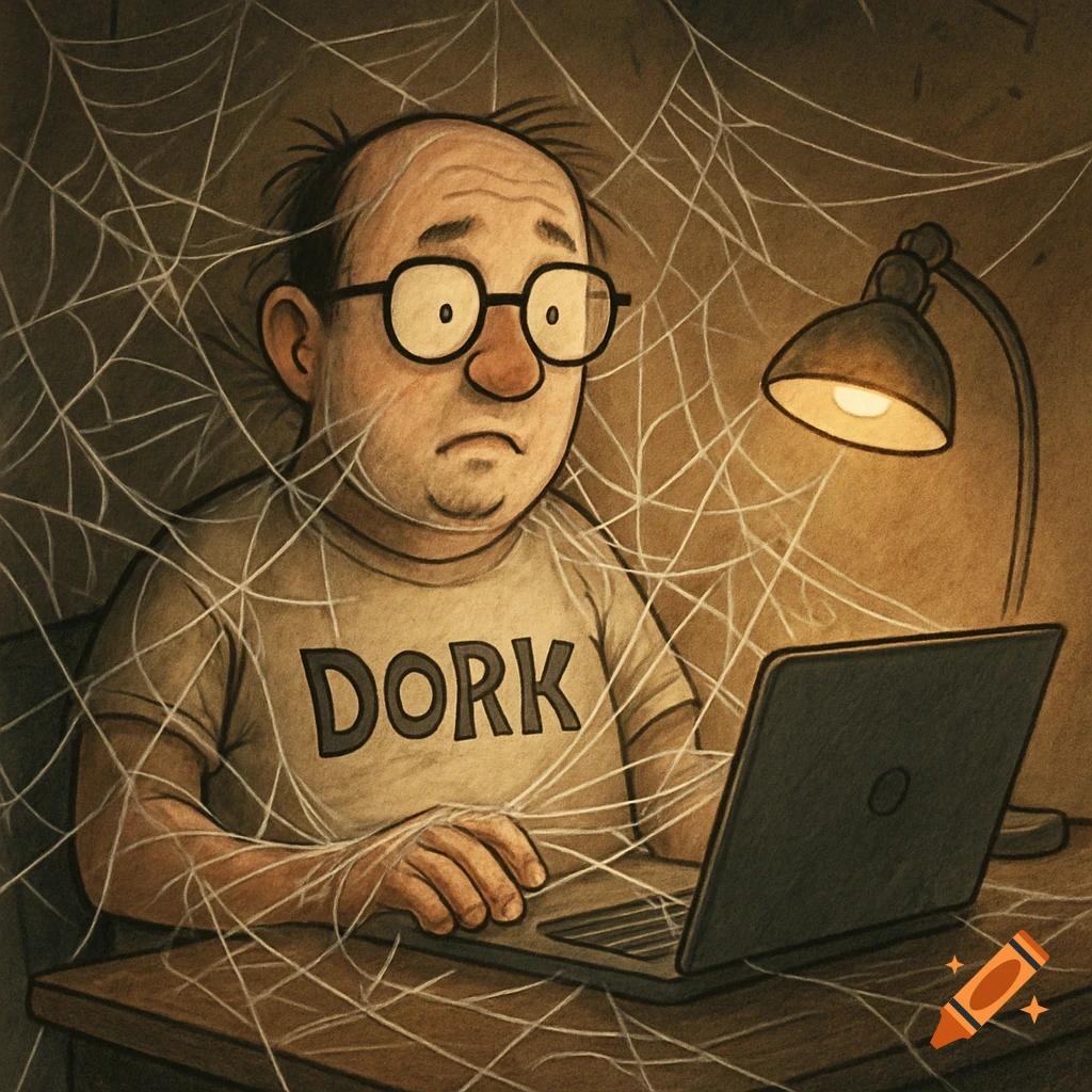 Cartoon illustration of a sad, nerdy man in a DORK shirt, tangled in spider webs while using a laptop under a desk lamp.