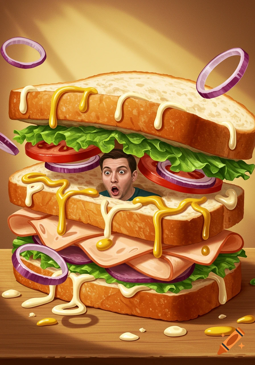 A cartoon illustration of a surprised man's head poking out of a towering sandwich with lettuce, tomato, onion, and meat, covered in dripping sauces.