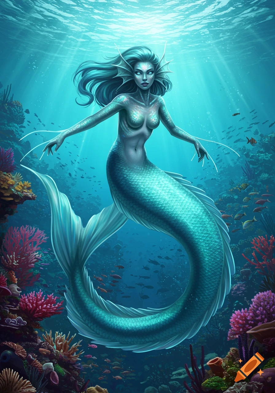 A detailed illustration of a mermaid with an eel-like tail swimming in a vibrant coral reef under clear blue water and sunlight.