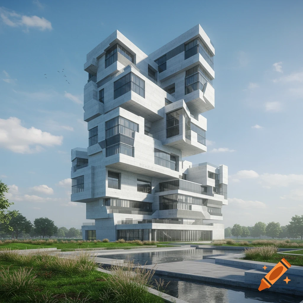 A tall, postmodern concrete building with geometric shapes and many windows, surrounded by green grass and a reflective water feature under a blue sky.