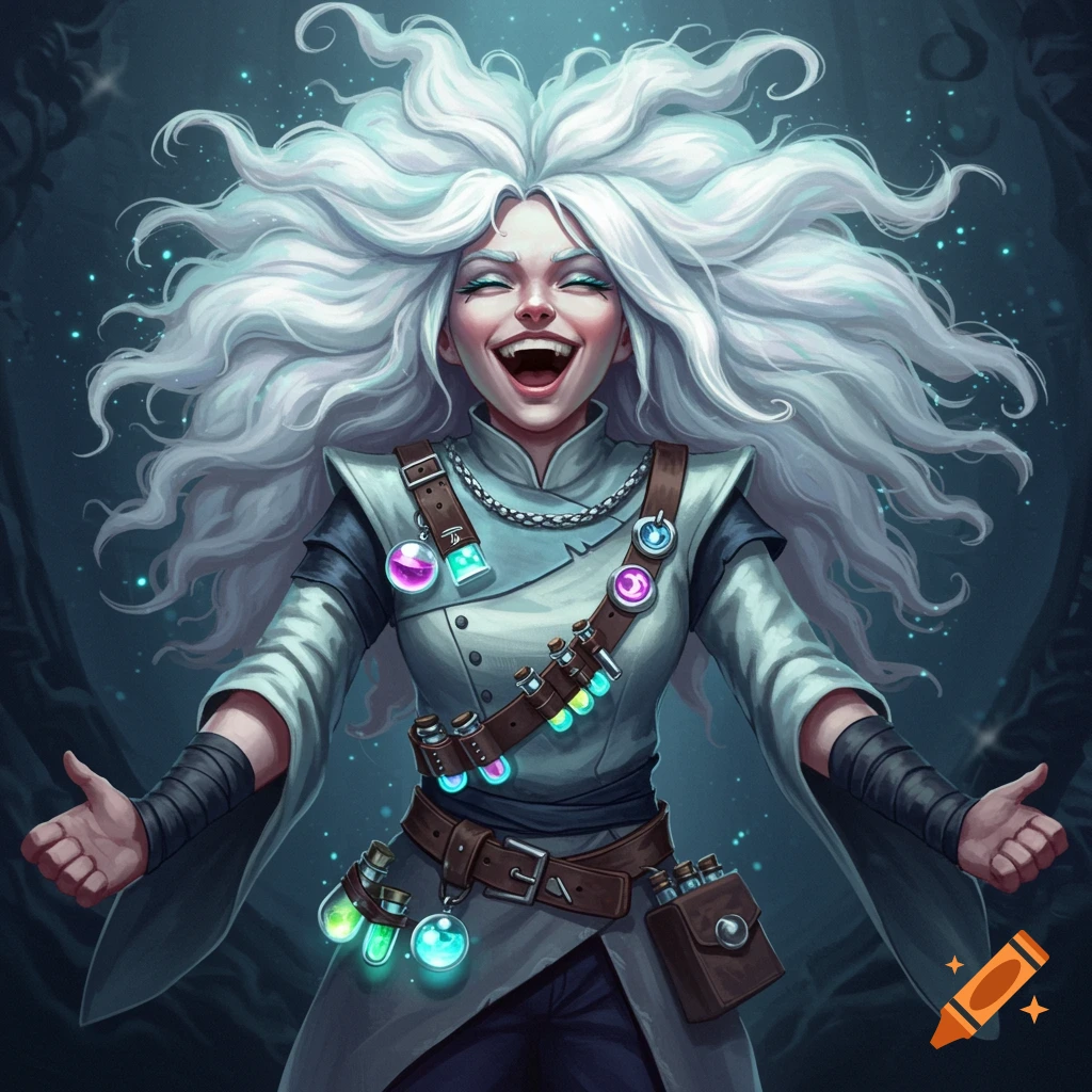 A cheerful, wild-haired alchemist or sorceress with glowing vials and potions, laughing with arms outstretched in a stylized fantasy digital illustration.