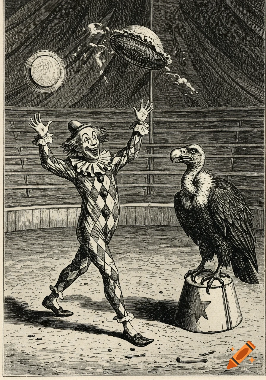 Black and white engraving of a clown in a diamond-patterned suit throwing a pie at a vulture standing on a bucket in a circus tent.