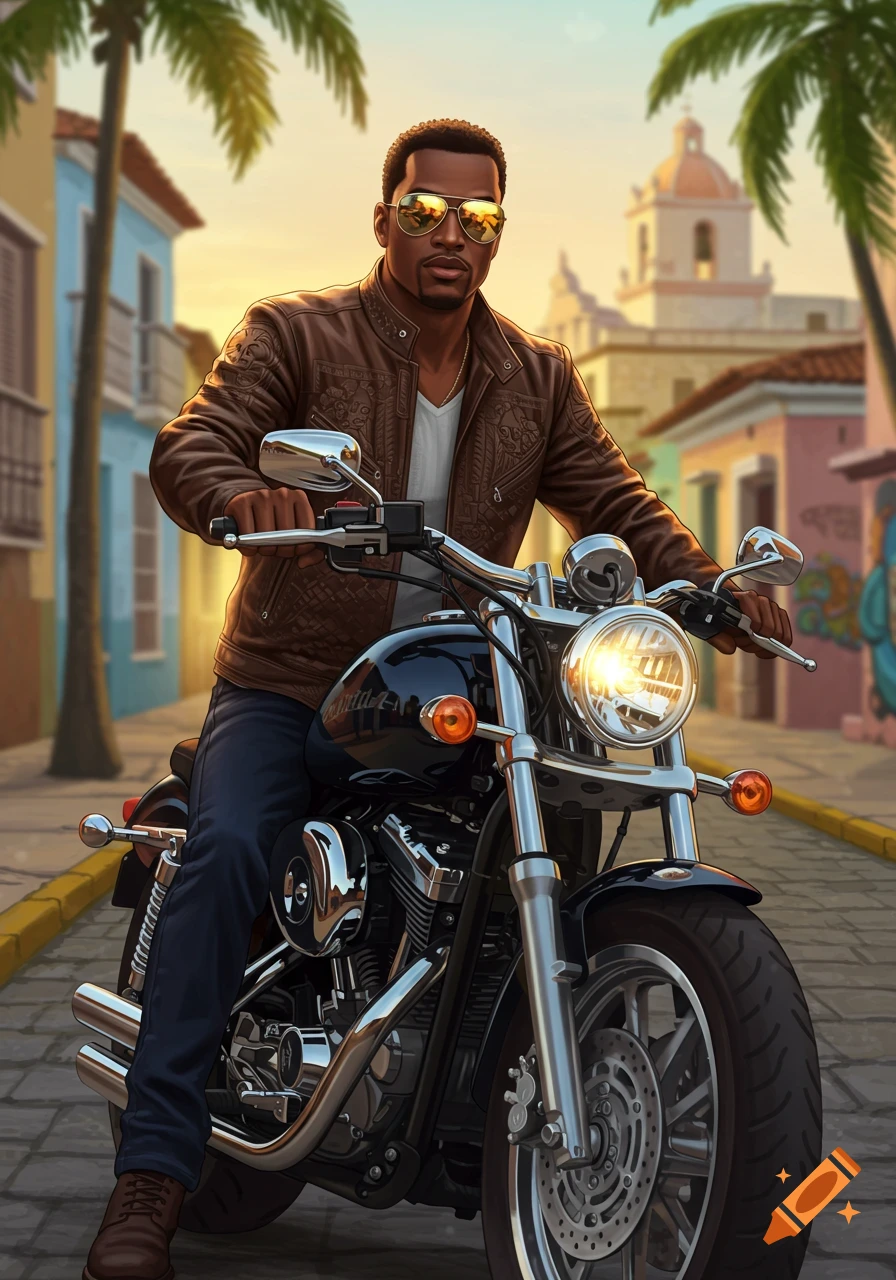 A man on a black motorcycle in a vibrant, sunlit street with colorful buildings and palm trees in an illustrative style.