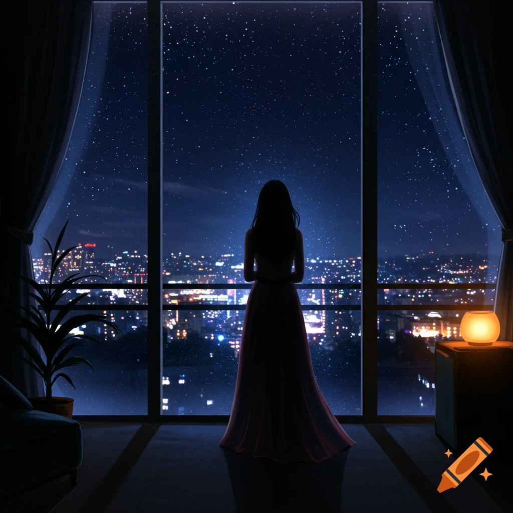 A woman in a long dress stands in a dark room looking out a large window at a starry night sky and a brightly lit city skyline.