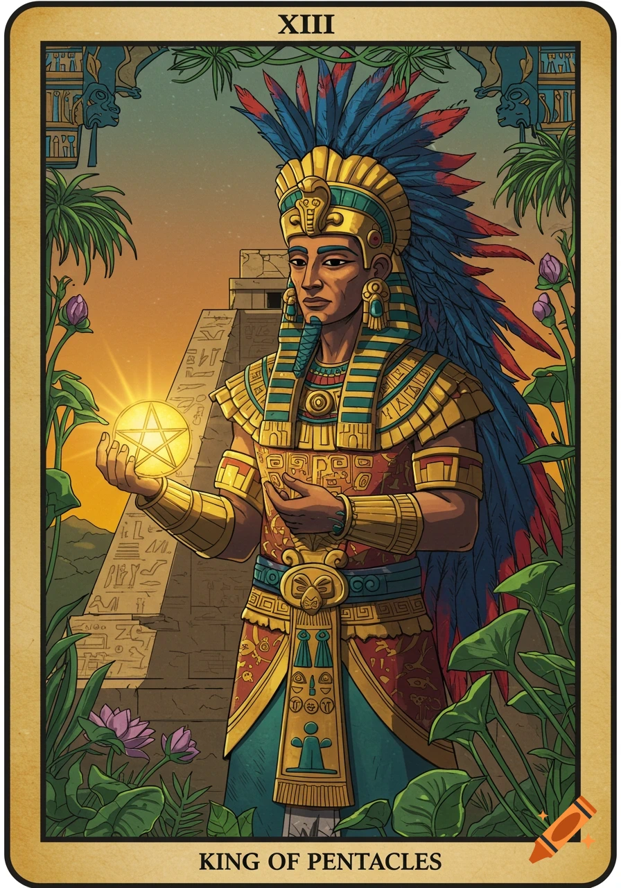 Tarot card with a king in elaborate Egyptian and Mayan inspired attire holding a glowing pentagram, against a pyramid backdrop.