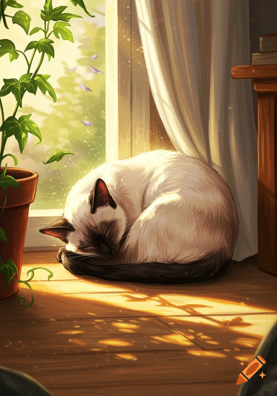 A Siamese cat is curled up, sleeping in a patch of sunlight on a wooden floor next to a window with a potted plant.