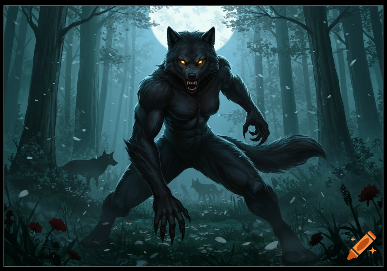 A menacing dark werewolf with glowing eyes stands in a moonlit forest, digital painting.