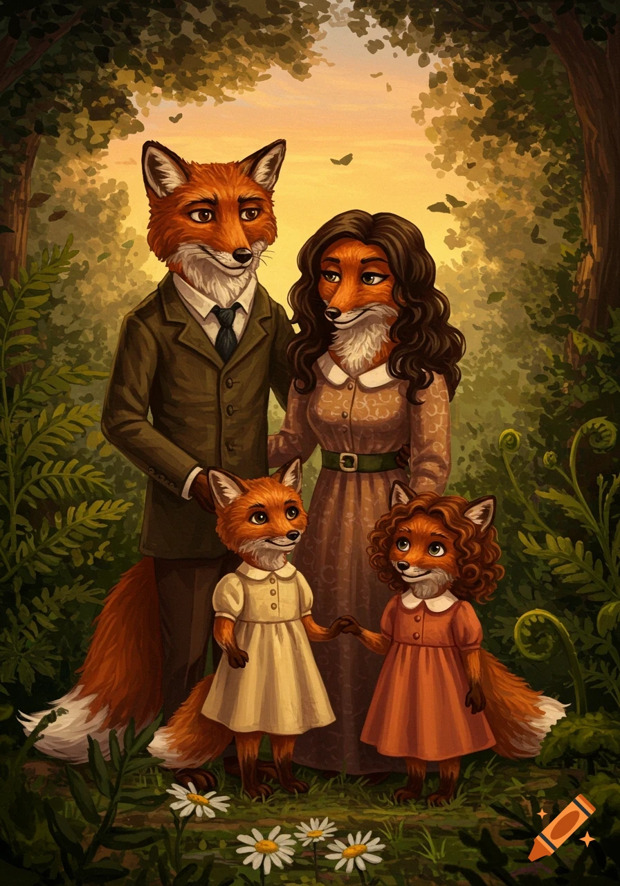 An illustrated family of four anthropomorphic foxes in a lush forest with sunlight.