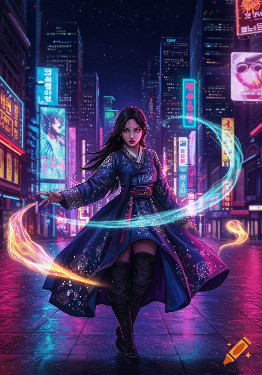 A woman in a blue, Hanbok-style dress with black boots stands in a neon-lit cyberpunk city, glowing energy swirling around her hands. She has dark hair and a determined expression, with intricate patterns on her dress.