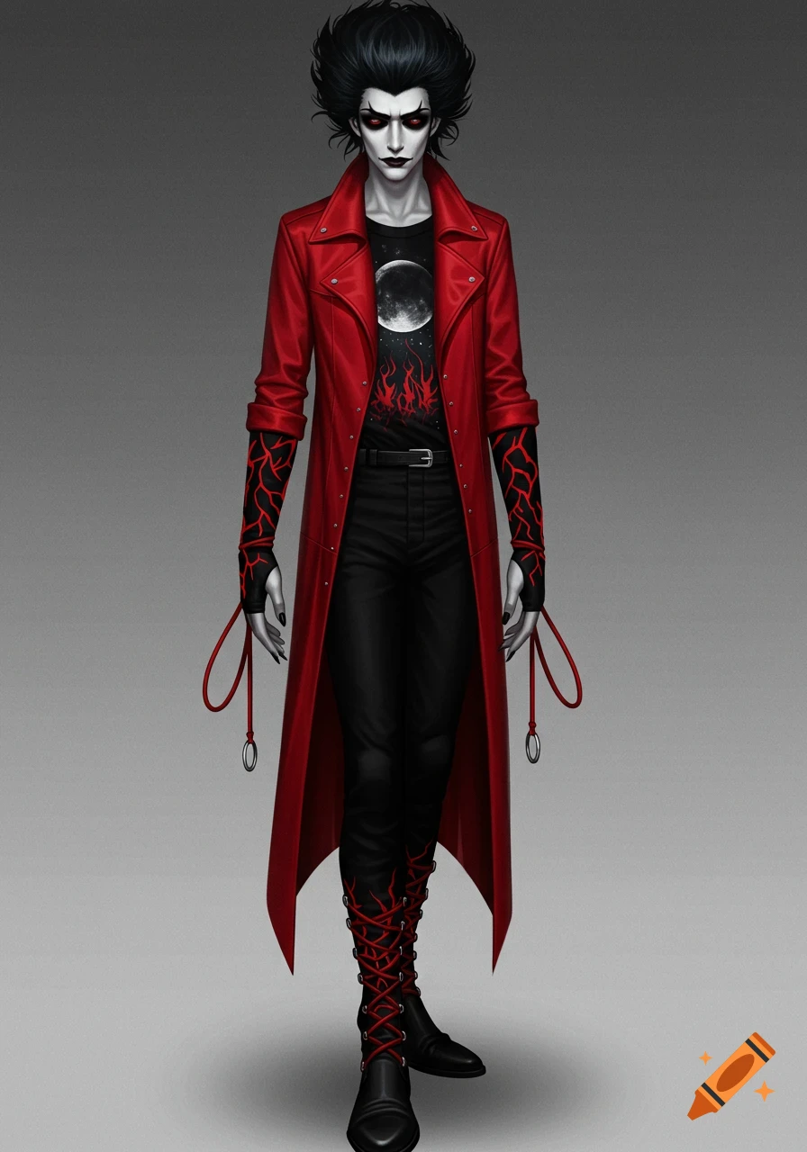 A pale character with black spiky hair and red eyes, wearing a long red leather coat, black shirt with moon and flame design, and red-laced boots.
