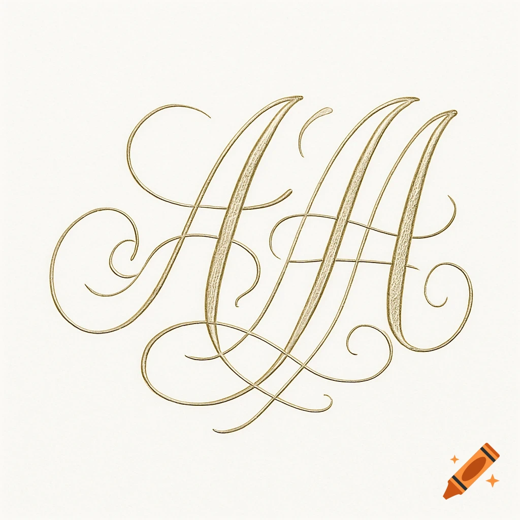 An ornate, antique-looking triple 'A' monogram in gold cursive on a white background.