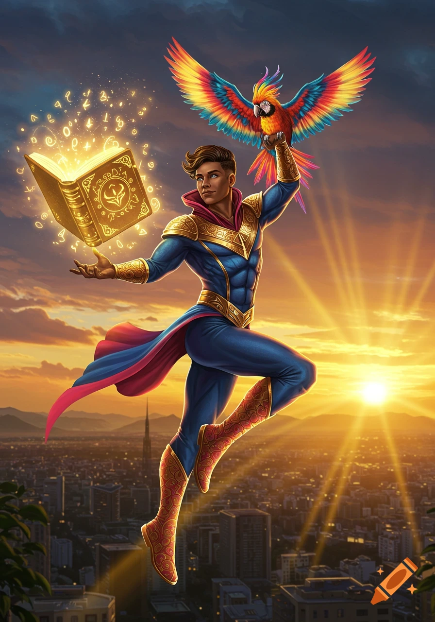 A superhero in a blue and gold suit with a red cape floats above a city at sunset, holding a rainbow parrot and a glowing magical book.