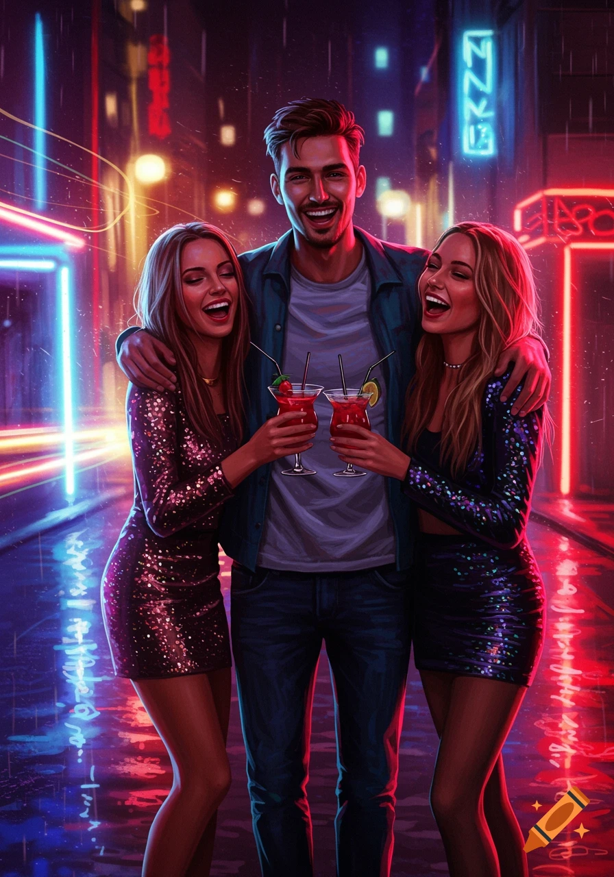 A man stands between two women, all smiling and holding cocktails on a neon-lit city street at night.