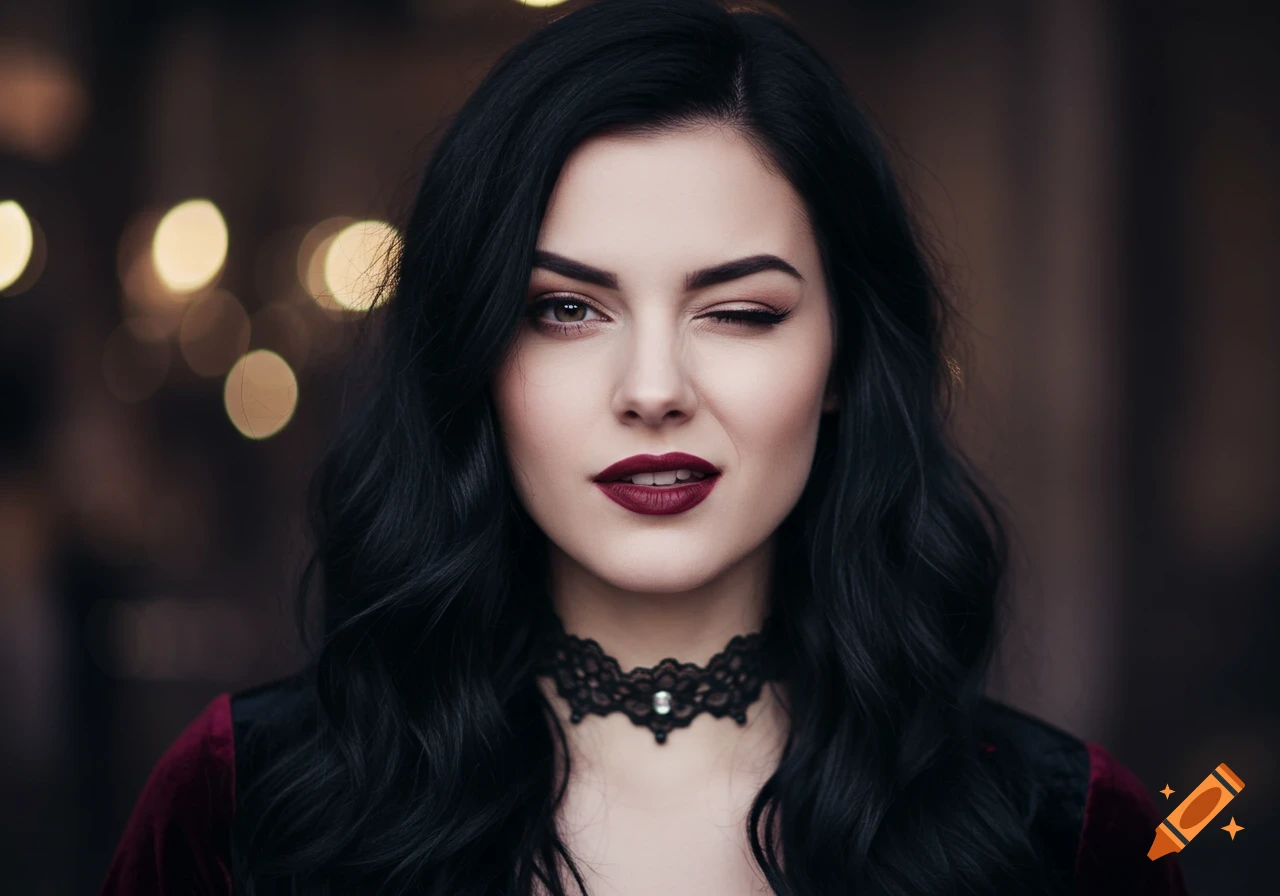 Close-up portrait of a mysterious woman with dark hair, dark lipstick, and a lace choker winking at the viewer.