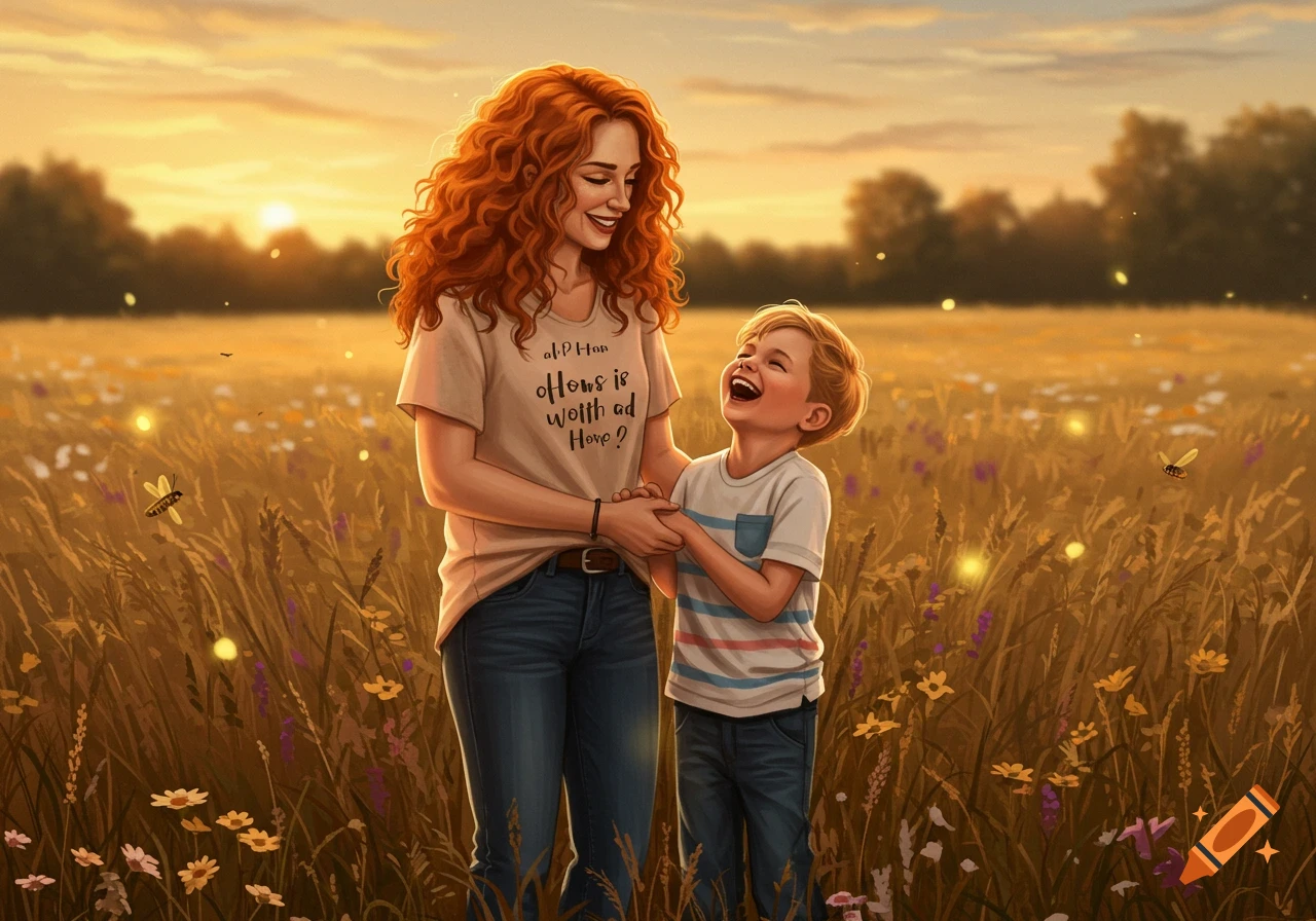 A mother with long curly red hair and her son laugh joyfully in a sunny golden field with wildflowers and glowing lights at sunset, in an illustrative style.