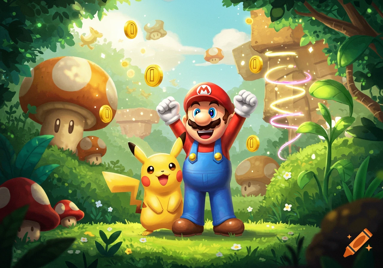 Mario and Pikachu smiling in a vibrant, lush mushroom forest with floating coins.