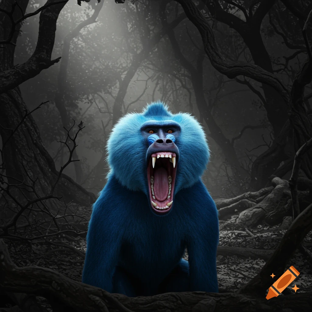 A terrifying blue baboon with glowing eyes and bared fangs roars from the depths of a dark, eerie forest.