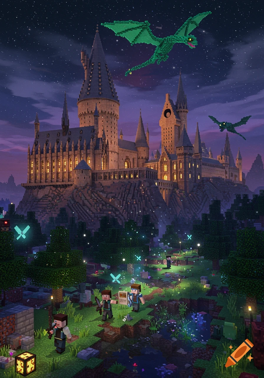 A pixelated Hogwarts castle under a starry night sky, with Minecraft characters and two green dragons flying above.