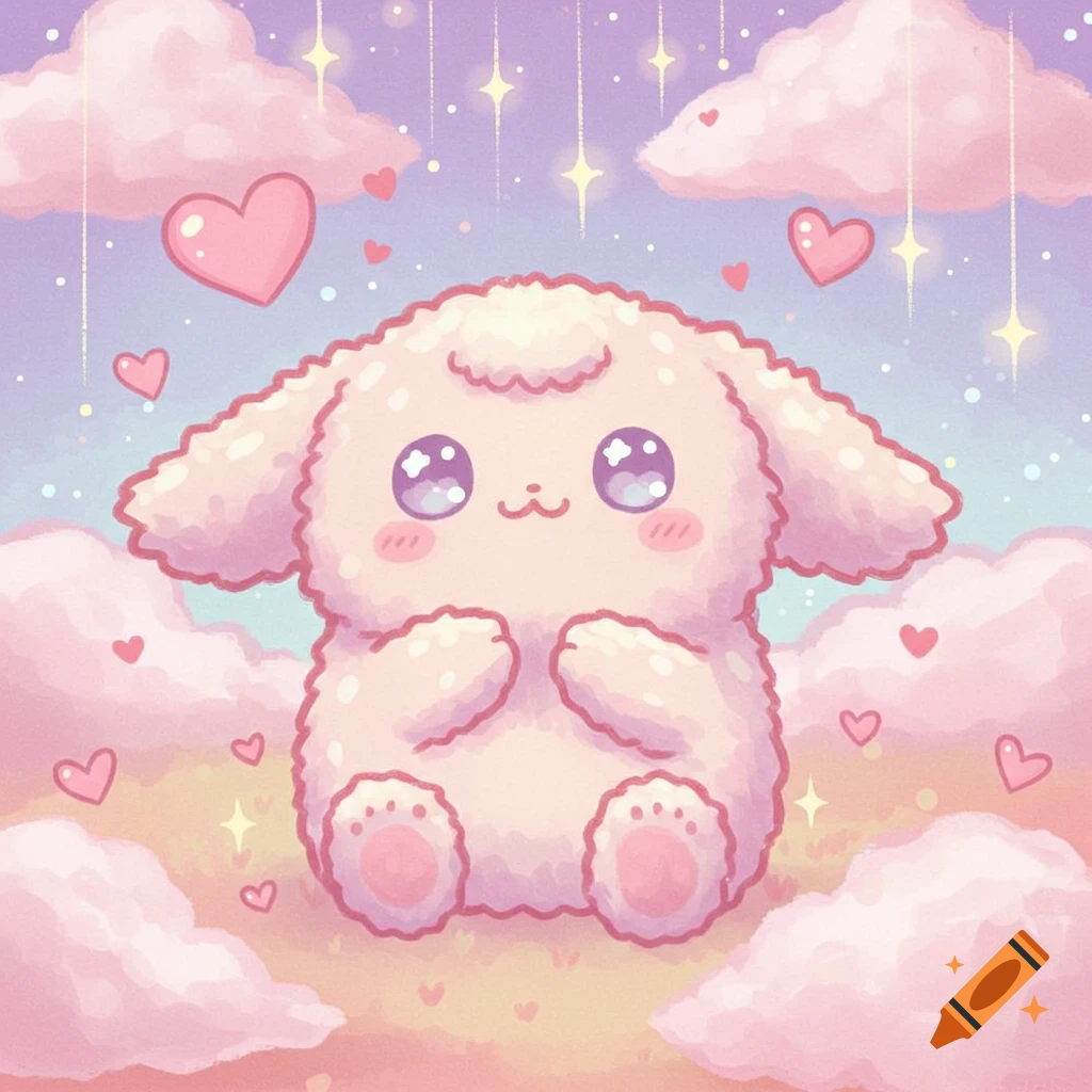 A fluffy pink cartoon creature with large purple eyes, sitting among pink clouds, hearts, and sparkling stars in a pastel sky.