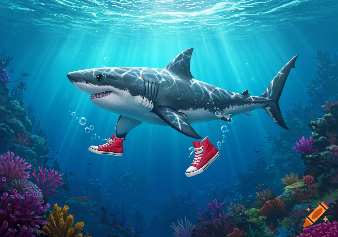 A great white shark wearing red high-top sneakers swims among colorful coral reefs in a bright underwater scene.